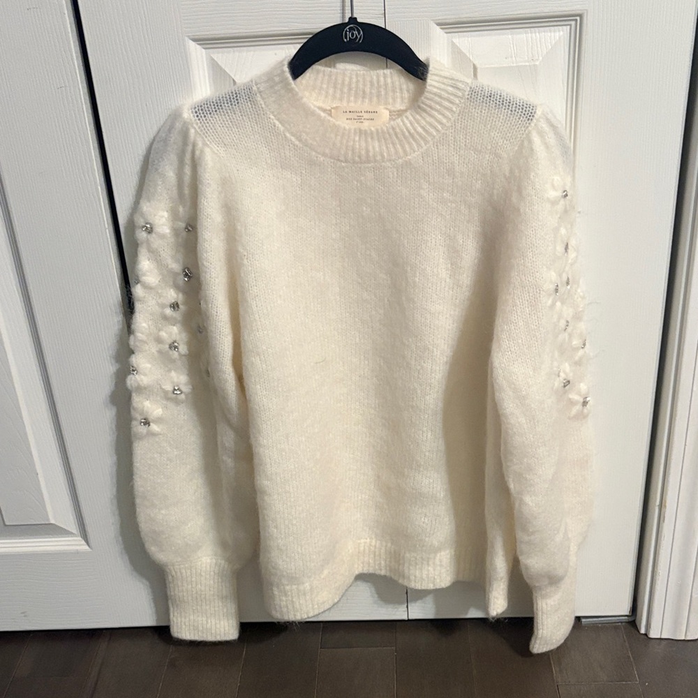Sezane Cream Luke Sweater with Embellished rhinestone Sleeves